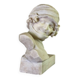 Alabaster bust of a young girl with a turtleneck, signed Caloni, Italy circa 1900