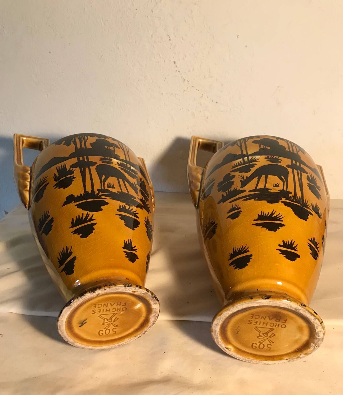 Pair of Orchies Art Deco Vases with silhouette style Fawn decoration
