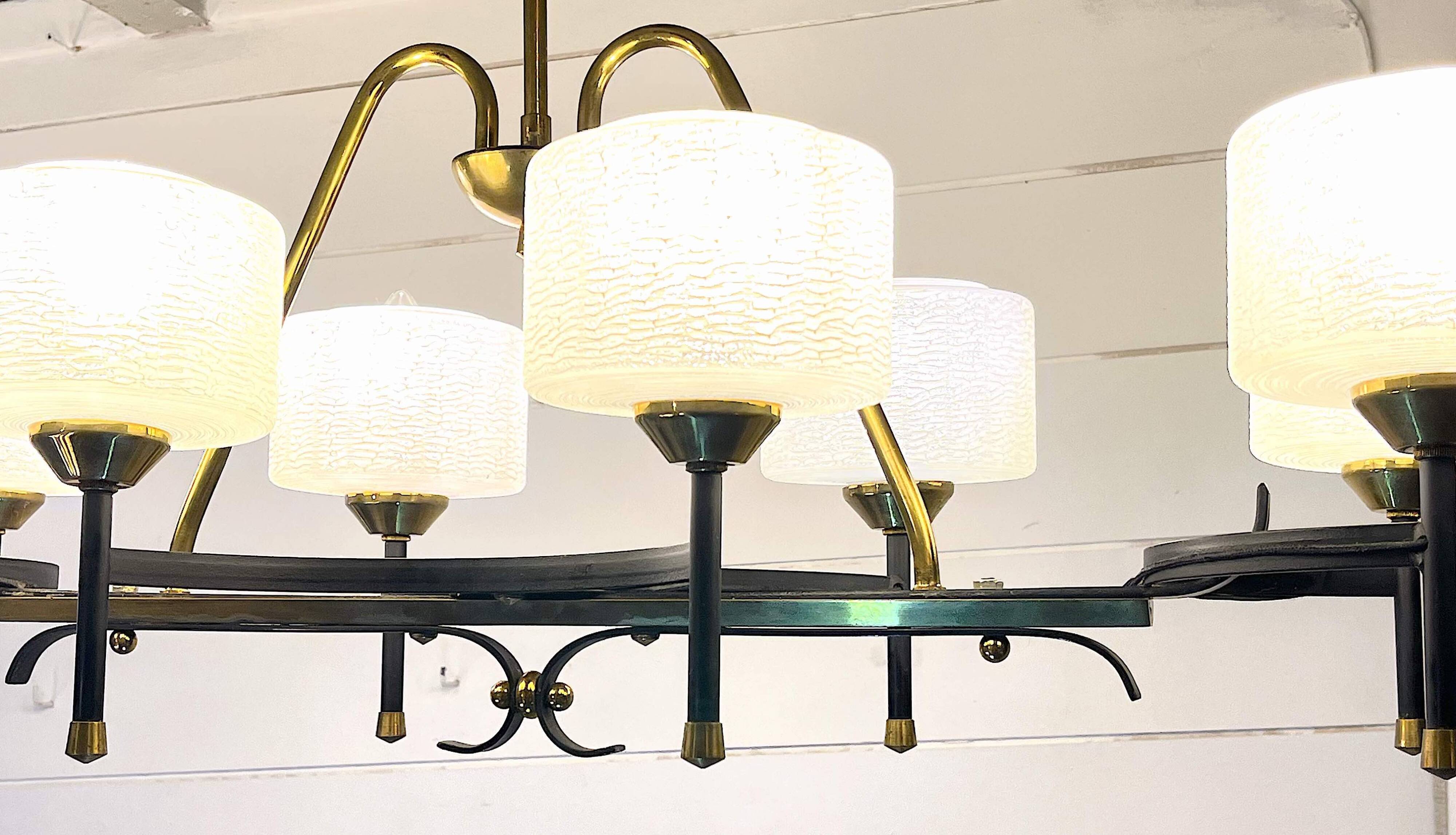 Maison Arlus, mid-century chandelier, brass and opaline, France 1950