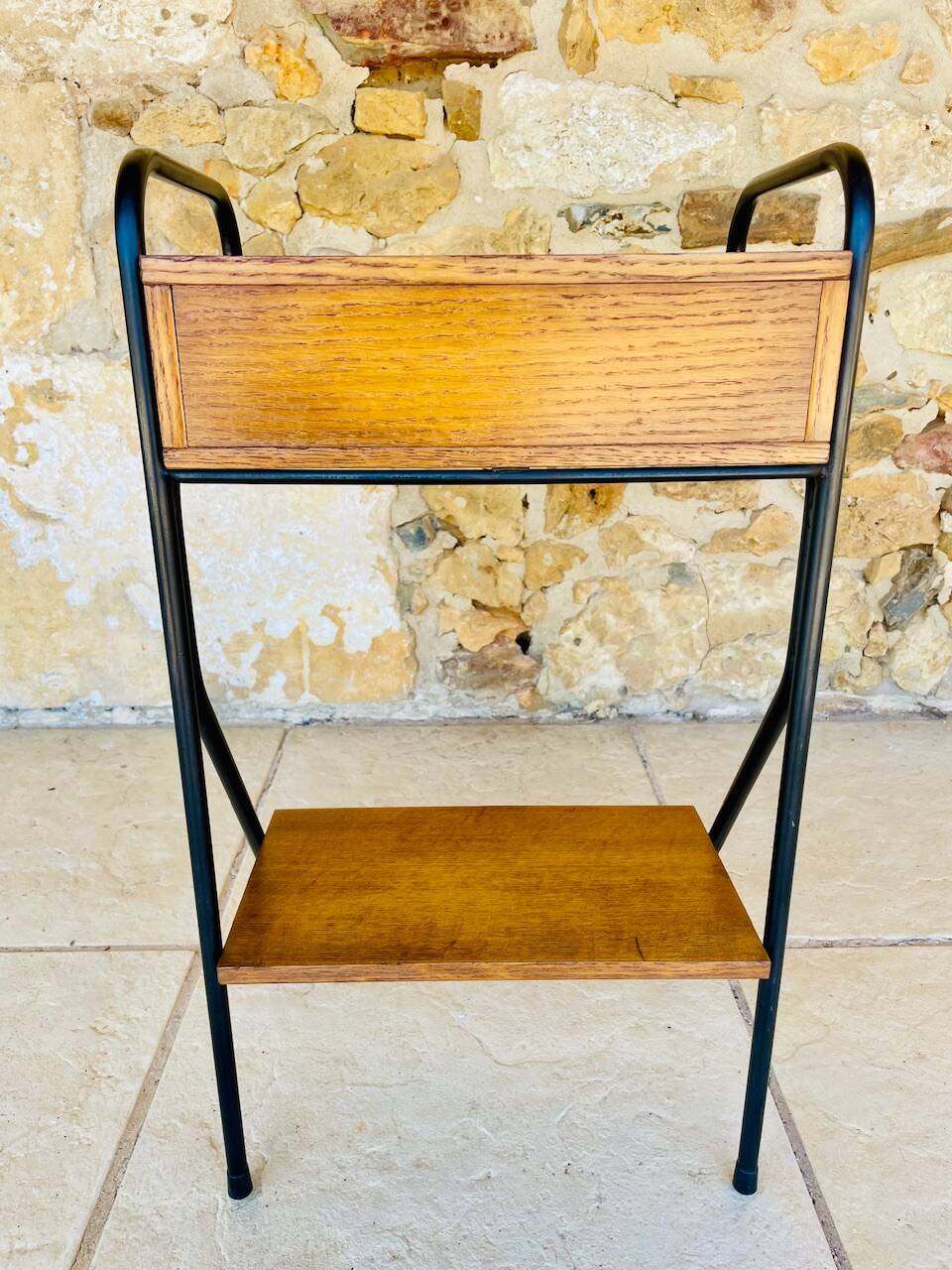 Vintage oak bedside table with black metal legs circa 50s/60s