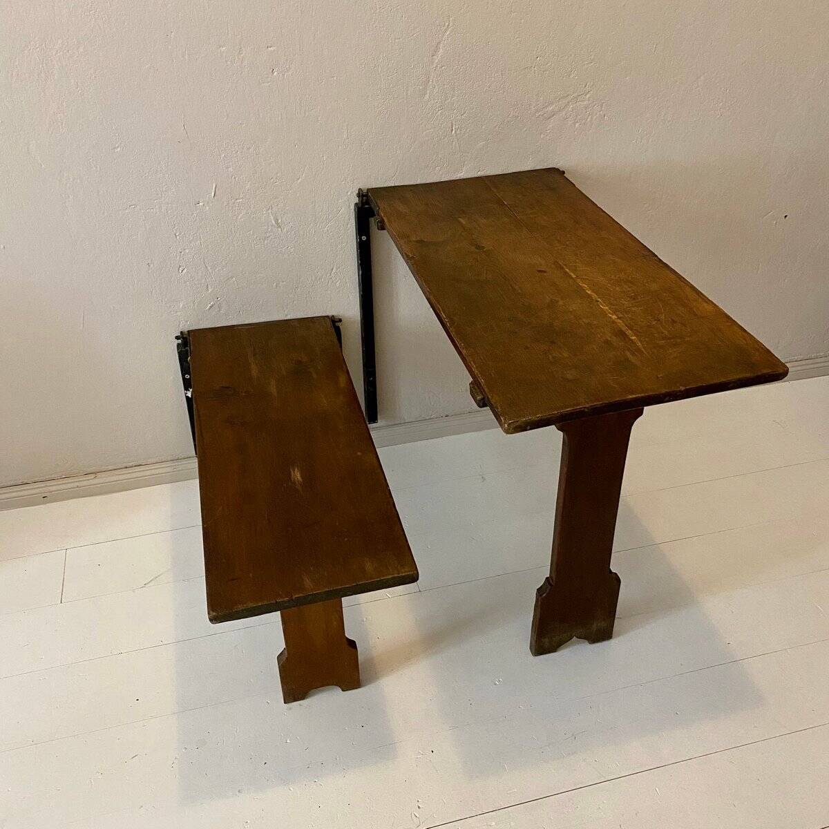 Art Deco German Wabi Sabi Brown Oak Prison Cell Table and Bench, 1930s, Set of 3