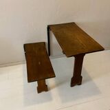Art Deco German Wabi Sabi Brown Oak Prison Cell Table and Bench, 1930s, Set of 3