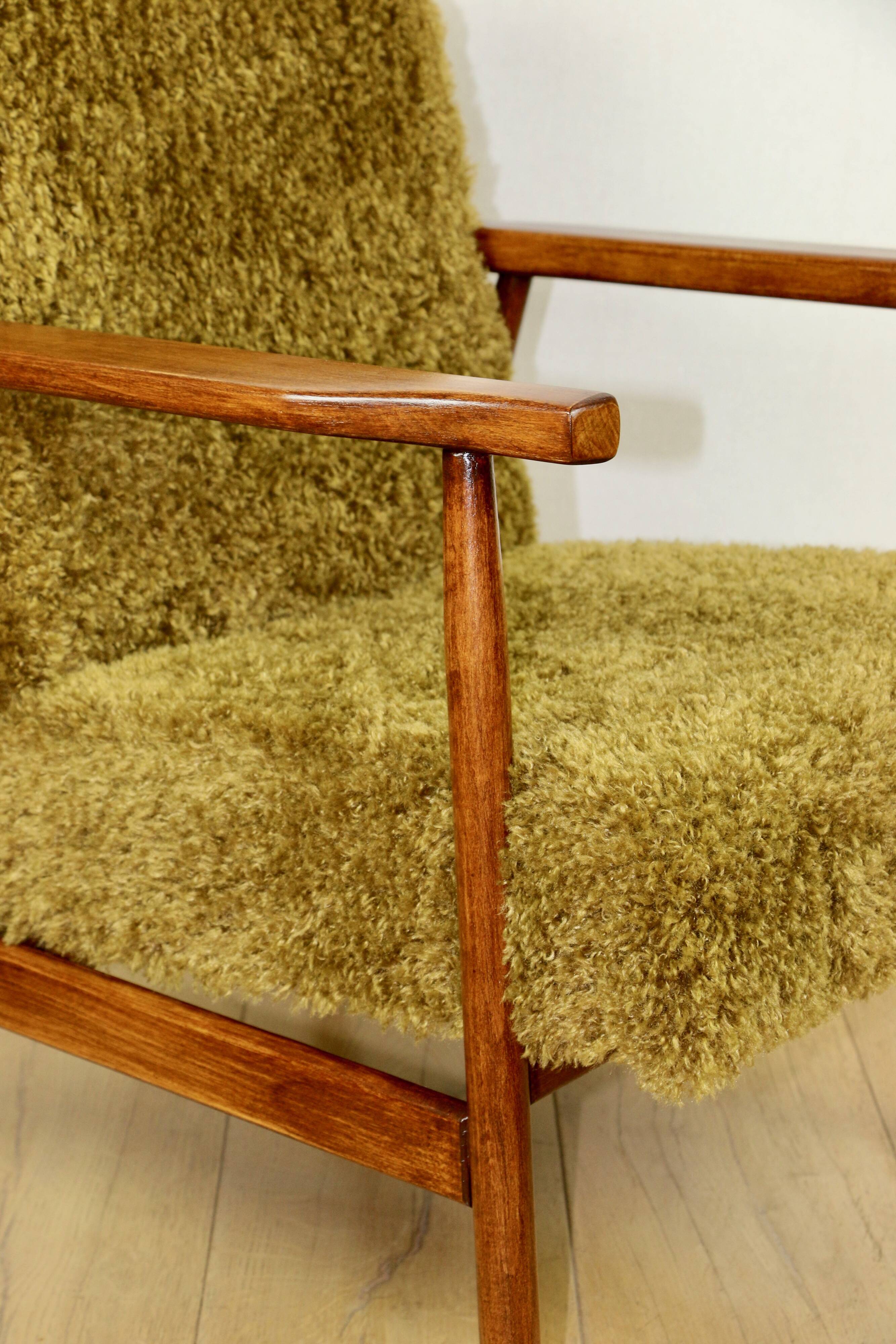 Vintage armchair, 1970s red fox - high pile khaki / olive - long pile