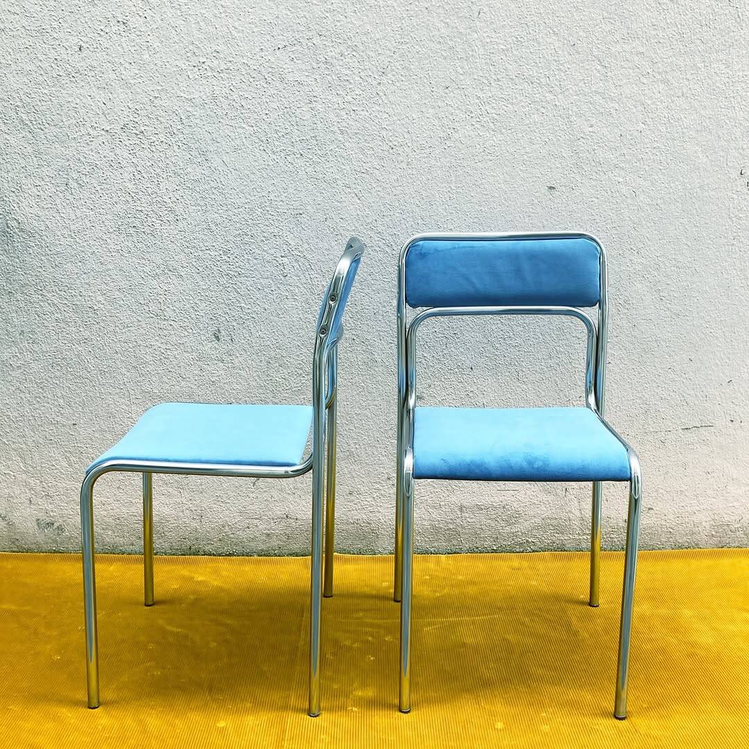 Pair of 70s chrome chairs – sky blue velvet seat
