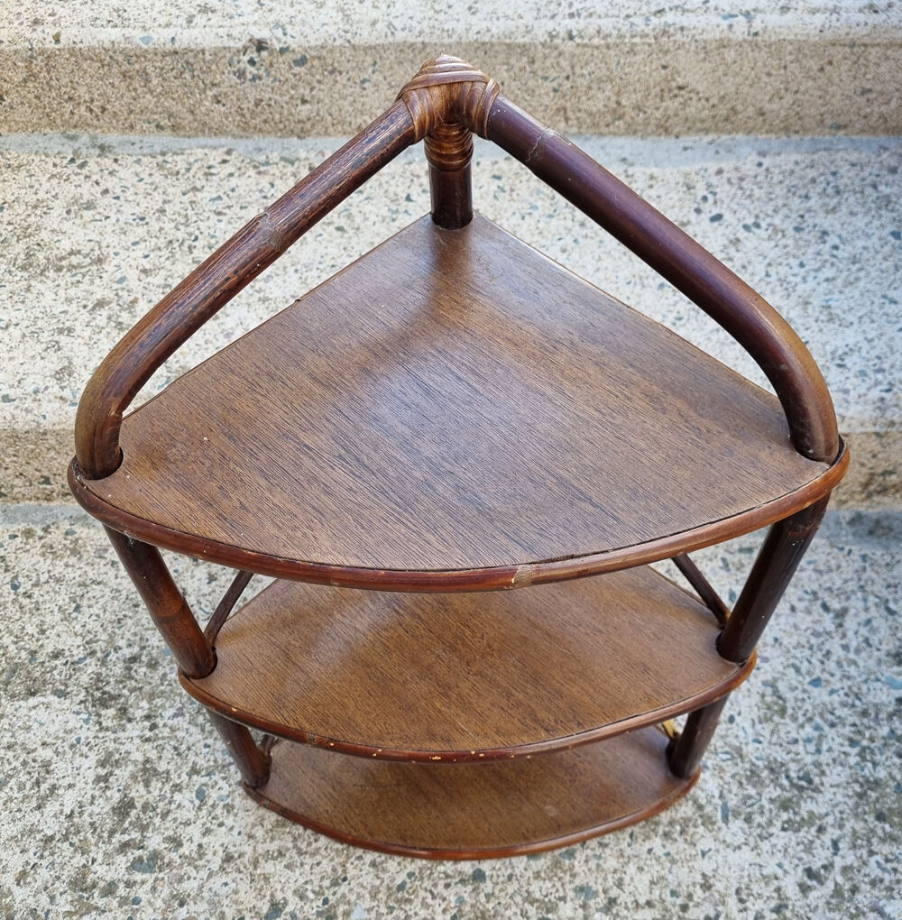 Corner wall shelf, bamboo, rattan and wood, vintage, 60s