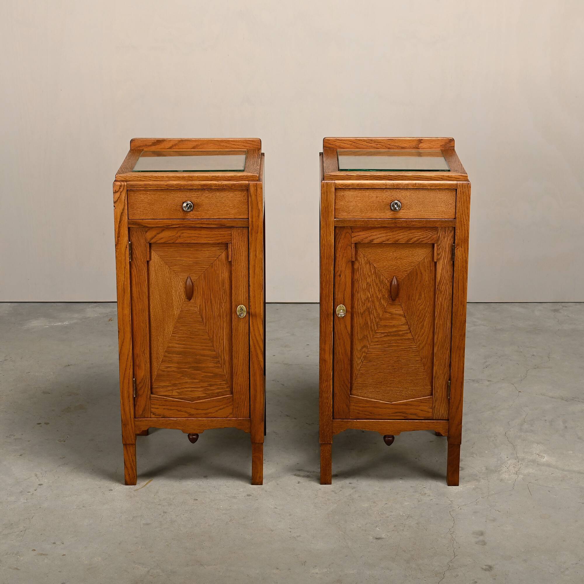 Art Deco Amsterdam School Nightstands oak wood and glass, 1930s Netherlands