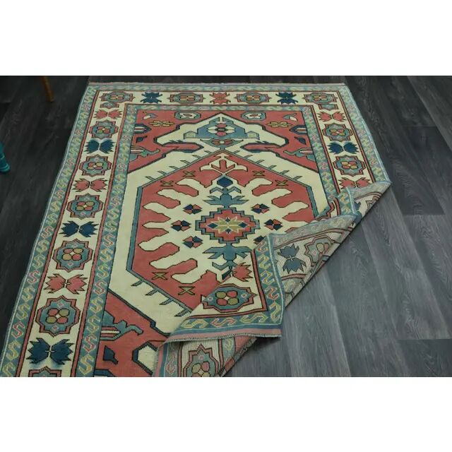1970s Vintage Turkish Oushak Handmade Wool Cotton Pink Area Rug 162x226