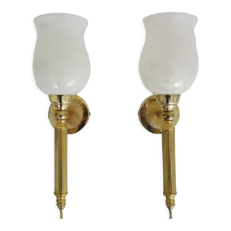 Pair of vintage 50s flare wall sconces in brass and opaline