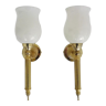 Pair of vintage 50s flare wall sconces in brass and opaline