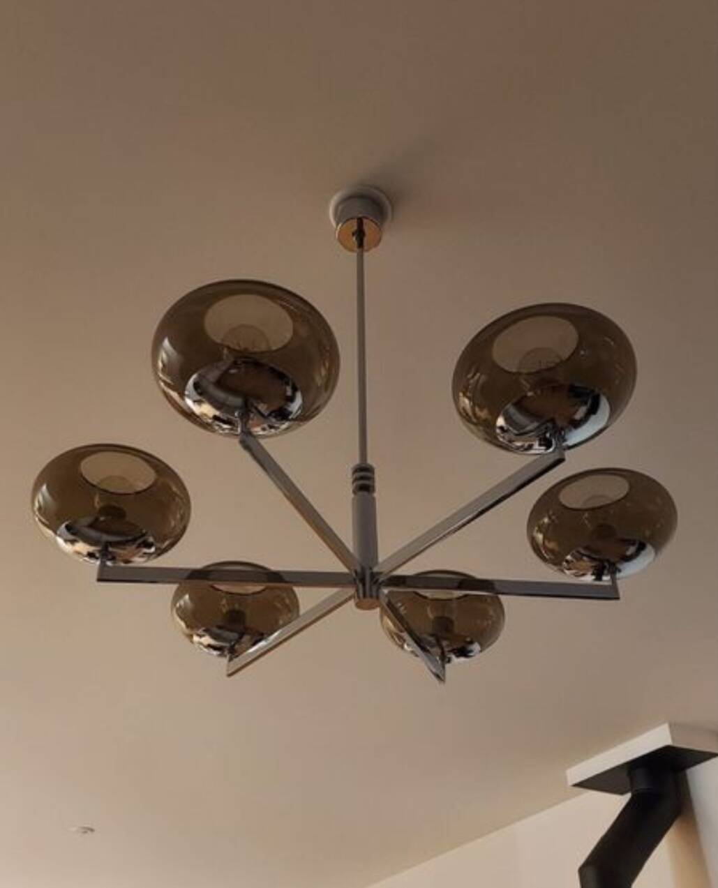 6-light chandelier  Sciolari, chrome and smoked glass