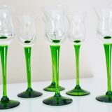 Liqueur set, blown glass, signed Portieux, 1 carafe & 6 stemmed glasses