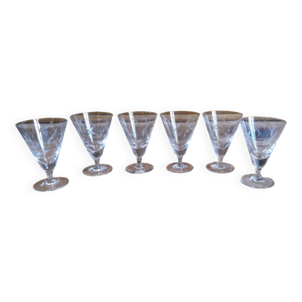 6 anciens verres à pied en verre soufflé ciselé 60/70