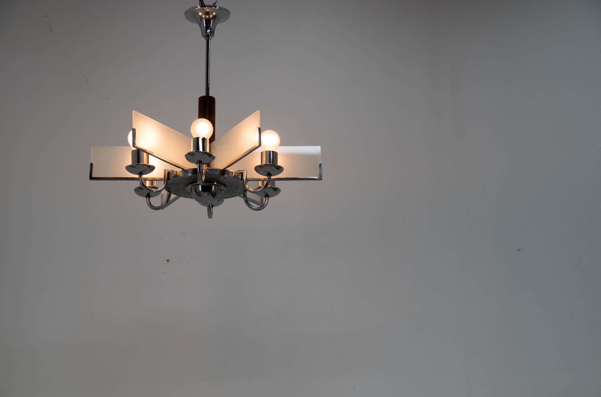 Art Deco Chandelier Made of Chrome, Wood and Sandblasted Glass, 1940s