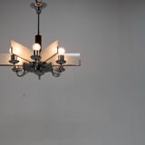 Art Deco Chandelier Made of Chrome, Wood and Sandblasted Glass, 1940s