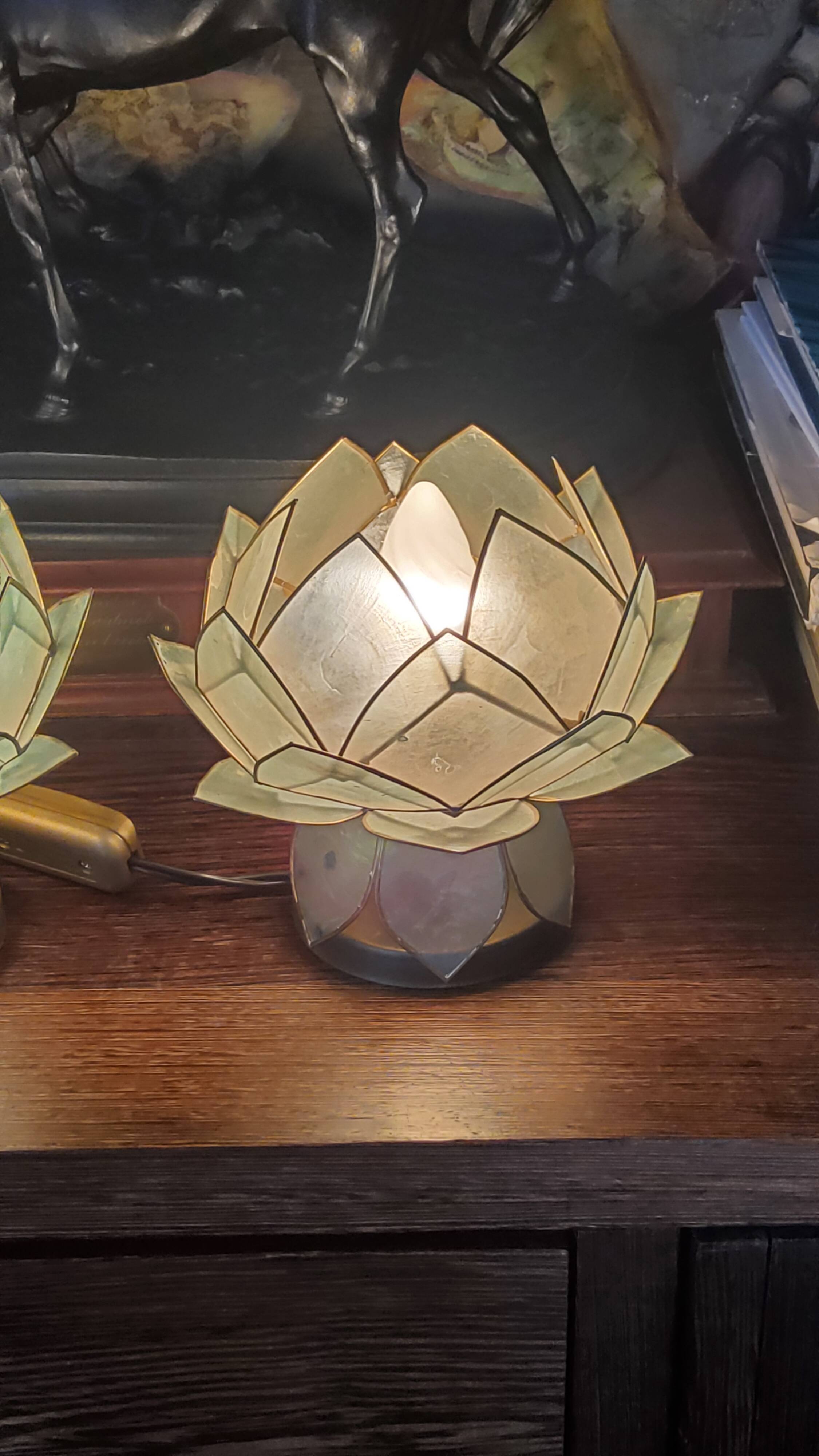 Pair of designer table lamps in turquoise blue green capiz mother-of-pearl from the 70s