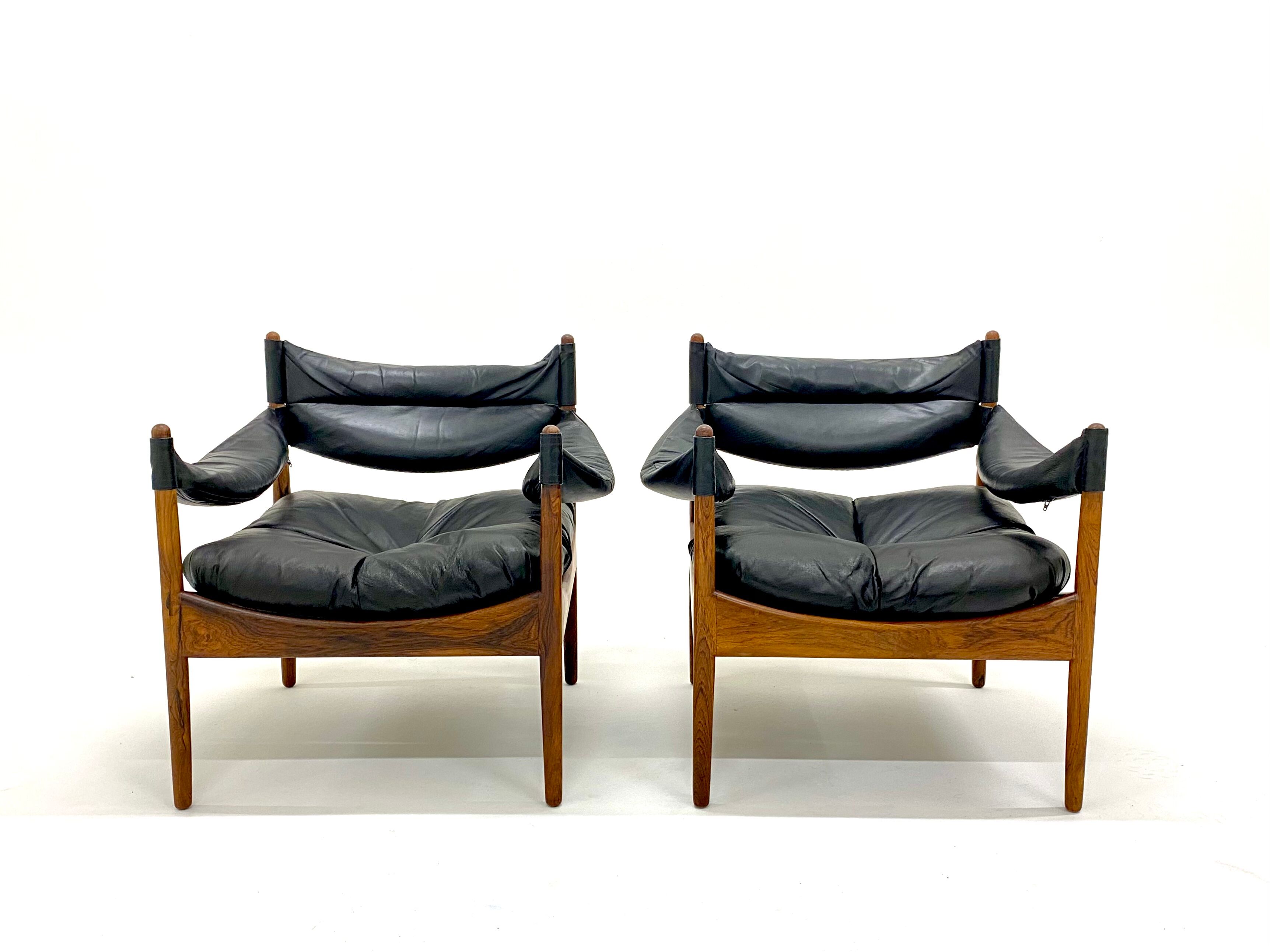 Pair of Modus armchairs in rosewood and leather, Kristian Solmer Vedel for Soren Willadsen 1960