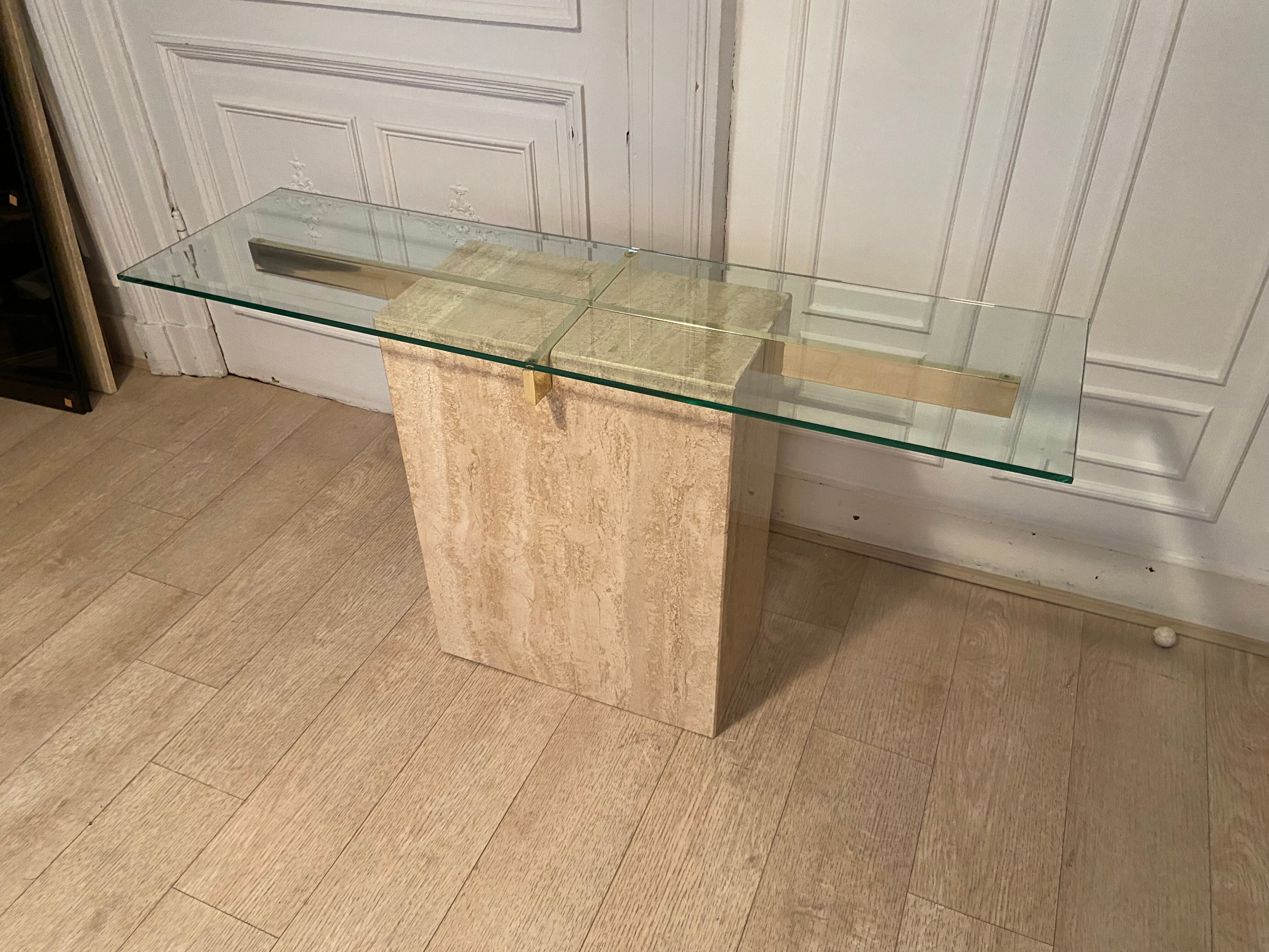 Travertine console and gold metal cross, Italy, 1970s