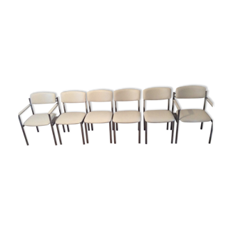 Ensemble de 6 chaises cuir blanc chrome vintage 70/80
