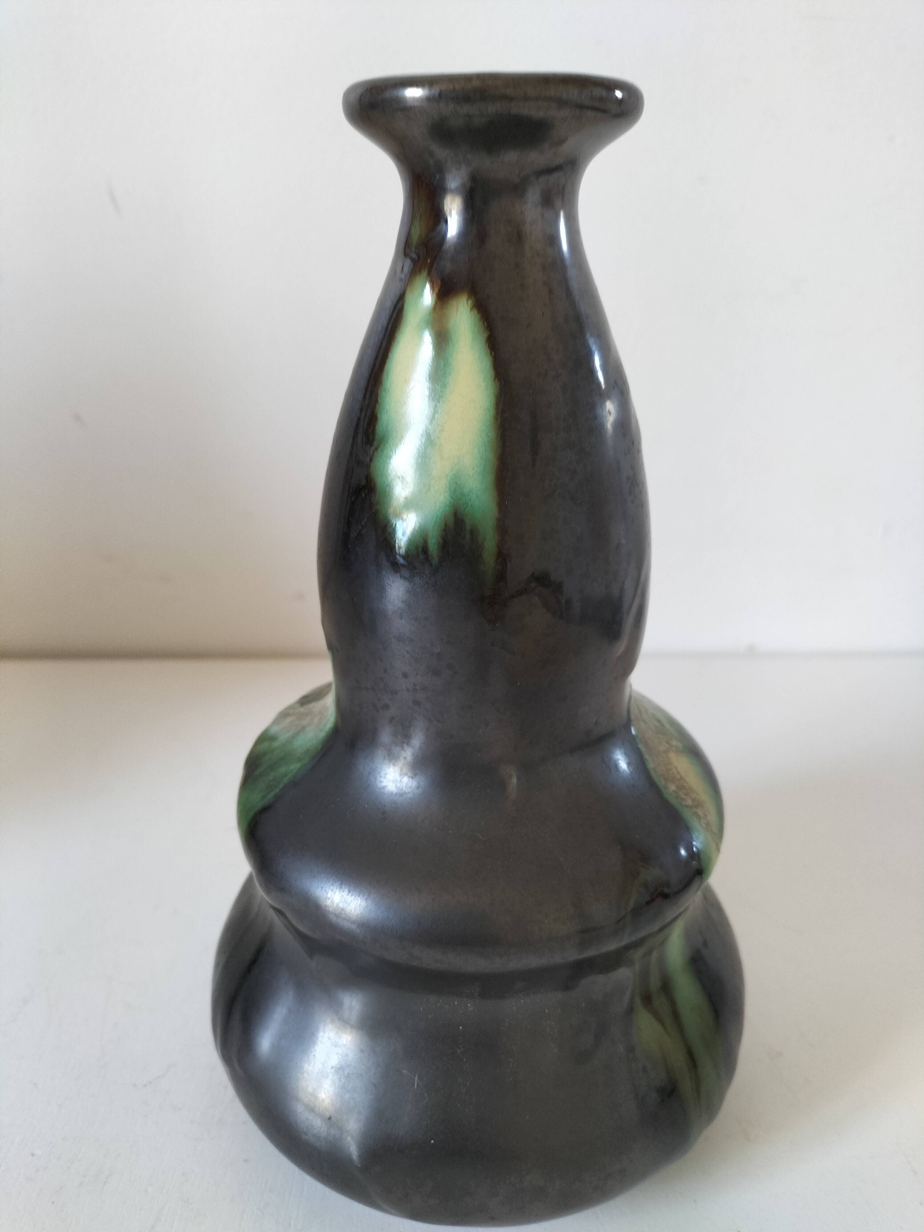 Thulin vase Belgium flamed green black enamel