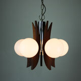 Lustre danois à 5 lumières en verre opalin et bois