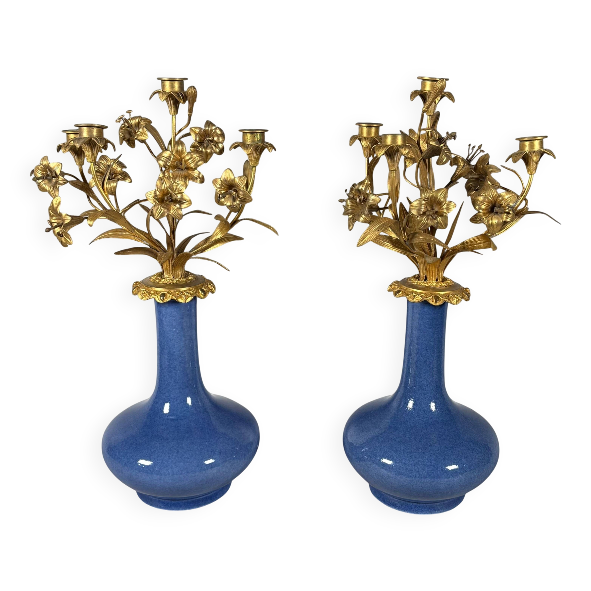 Pair of candelabra with flowers in Louis XV style, Napoleon III period.