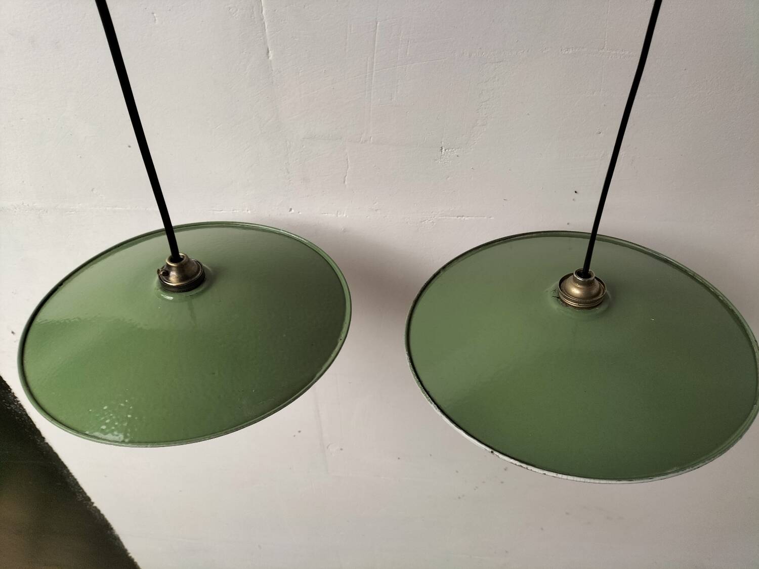 Pair of enamelled metal pendant lights