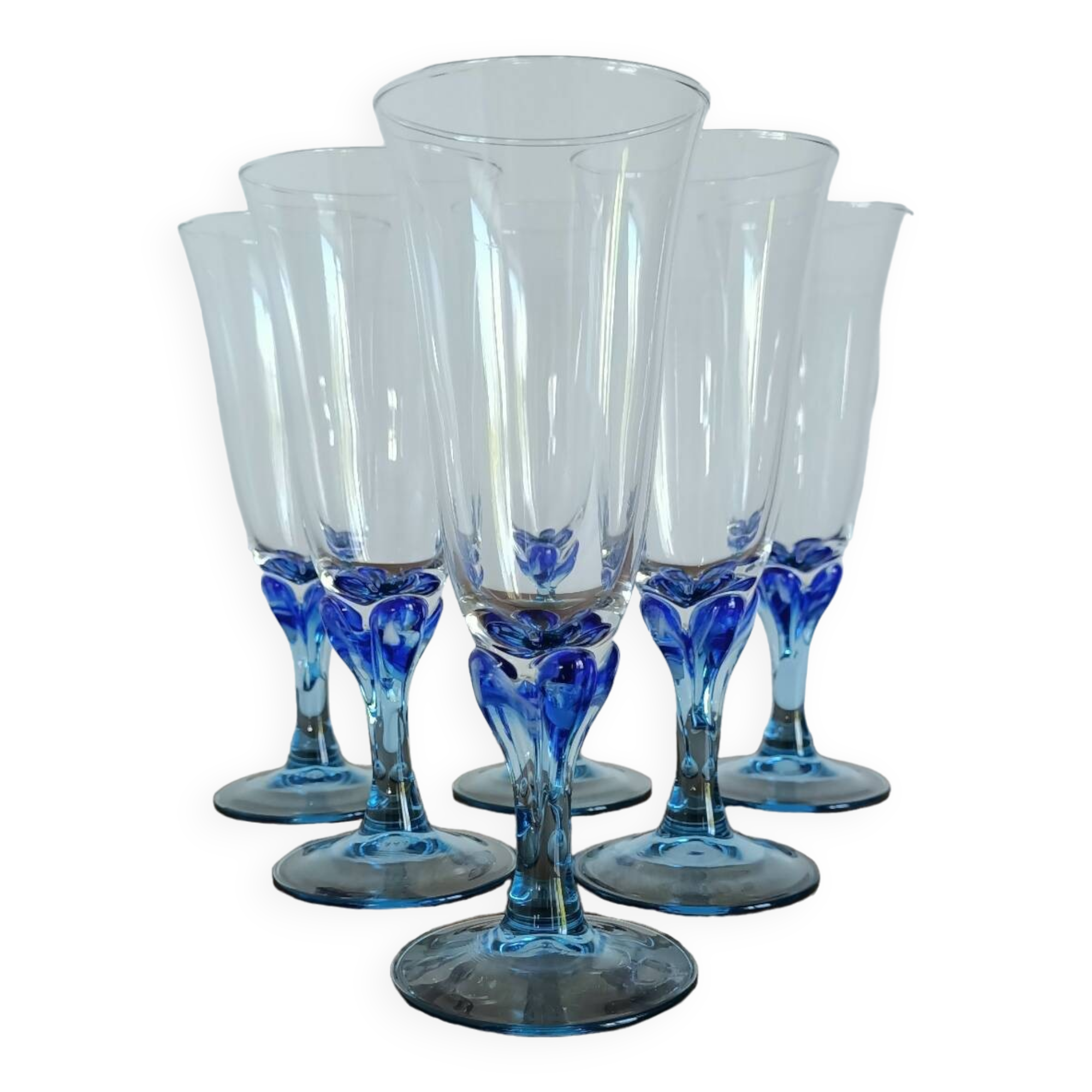 Luminarc champagne flutes from the 70s with blue stem