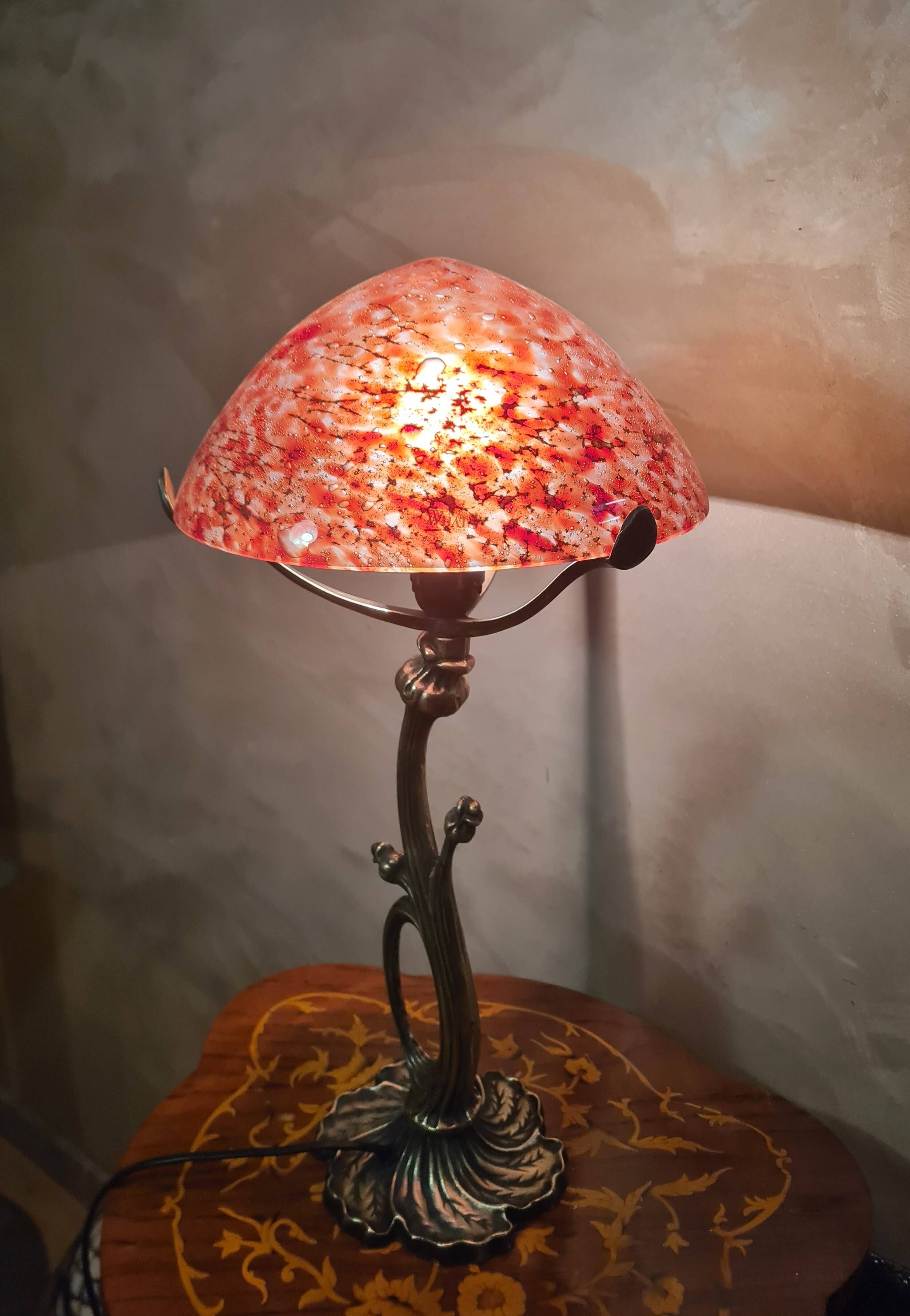 bronze lamp in Art Nouveau style from 1975 to 1985 with a high-quality glass shade