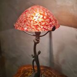 bronze lamp in Art Nouveau style from 1975 to 1985 with a high-quality glass shade