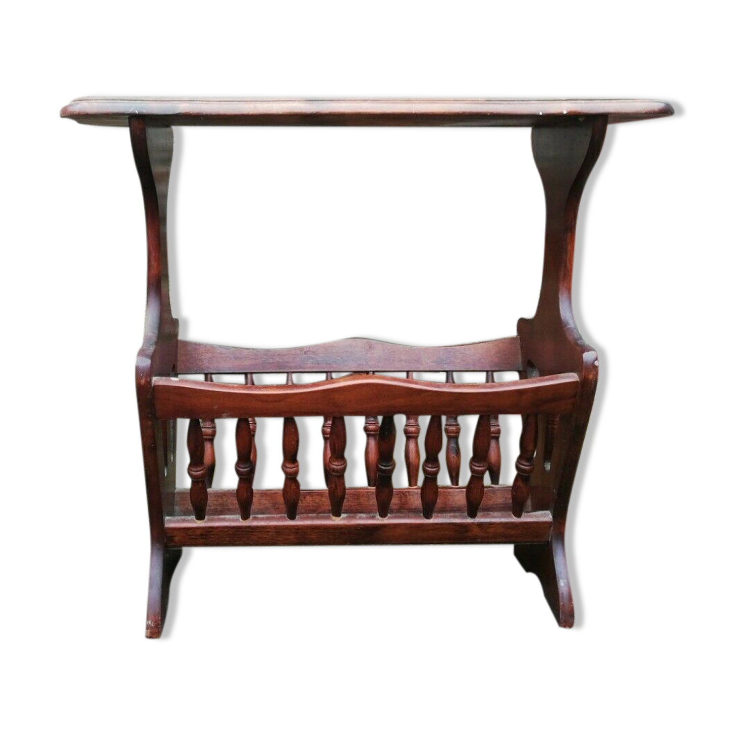 Wooden magazine holder with vintage tablet