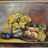 Jhane JONCHERY (19th~20th century) "Still life with flowers and fruits: peaches, grapes, plums"