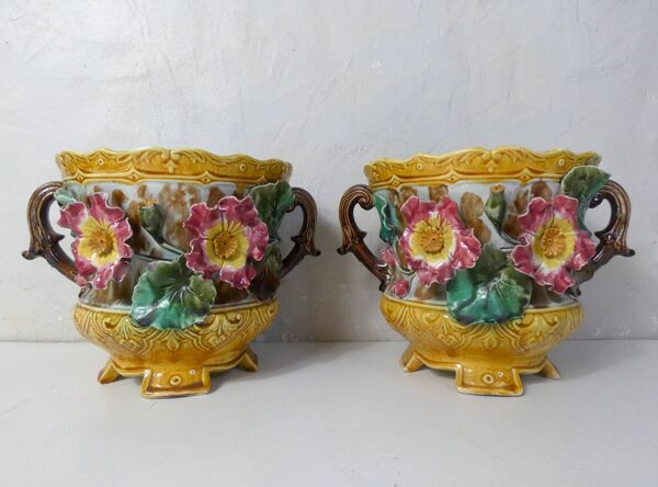 anciens cache-pots et jardinière faience barbotine