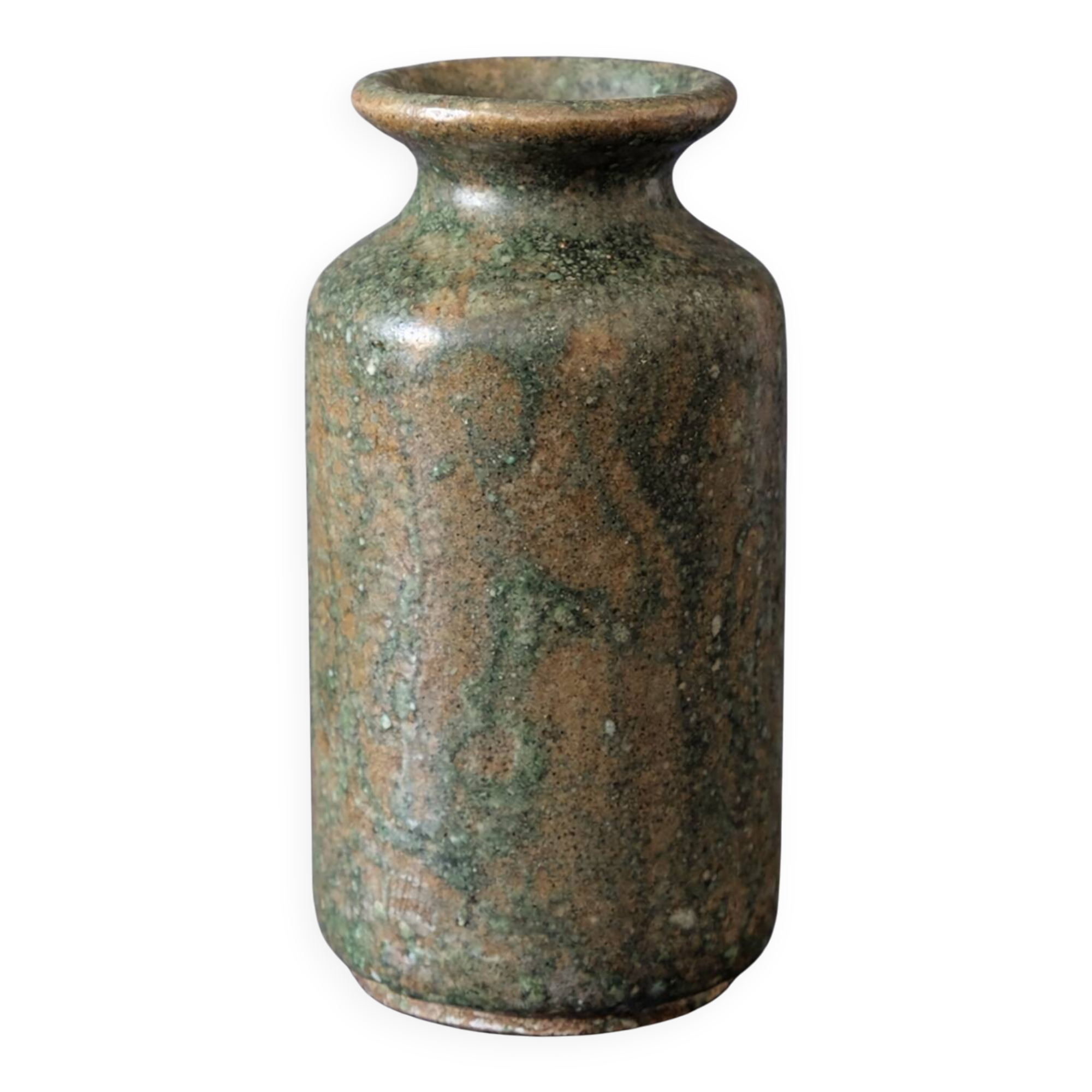 Wabi-sabi artisanal stoneware vase in green and earth tones.
