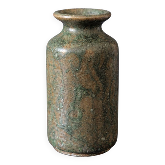 Wabi-sabi artisanal stoneware vase in green and earth tones.