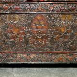 Antique polychrome Tibetan altar cabinet with deer and flowers.