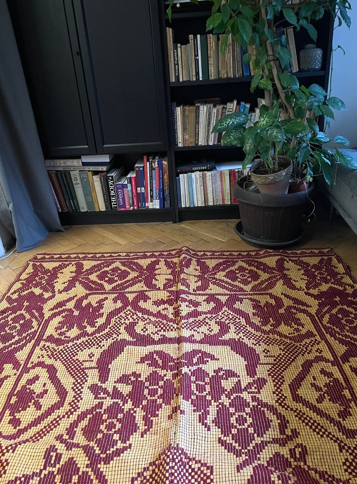 Vintage Romanian carpet floral design brown on yellow background 251x150cm