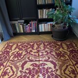 Vintage Romanian carpet floral design brown on yellow background 251x150cm