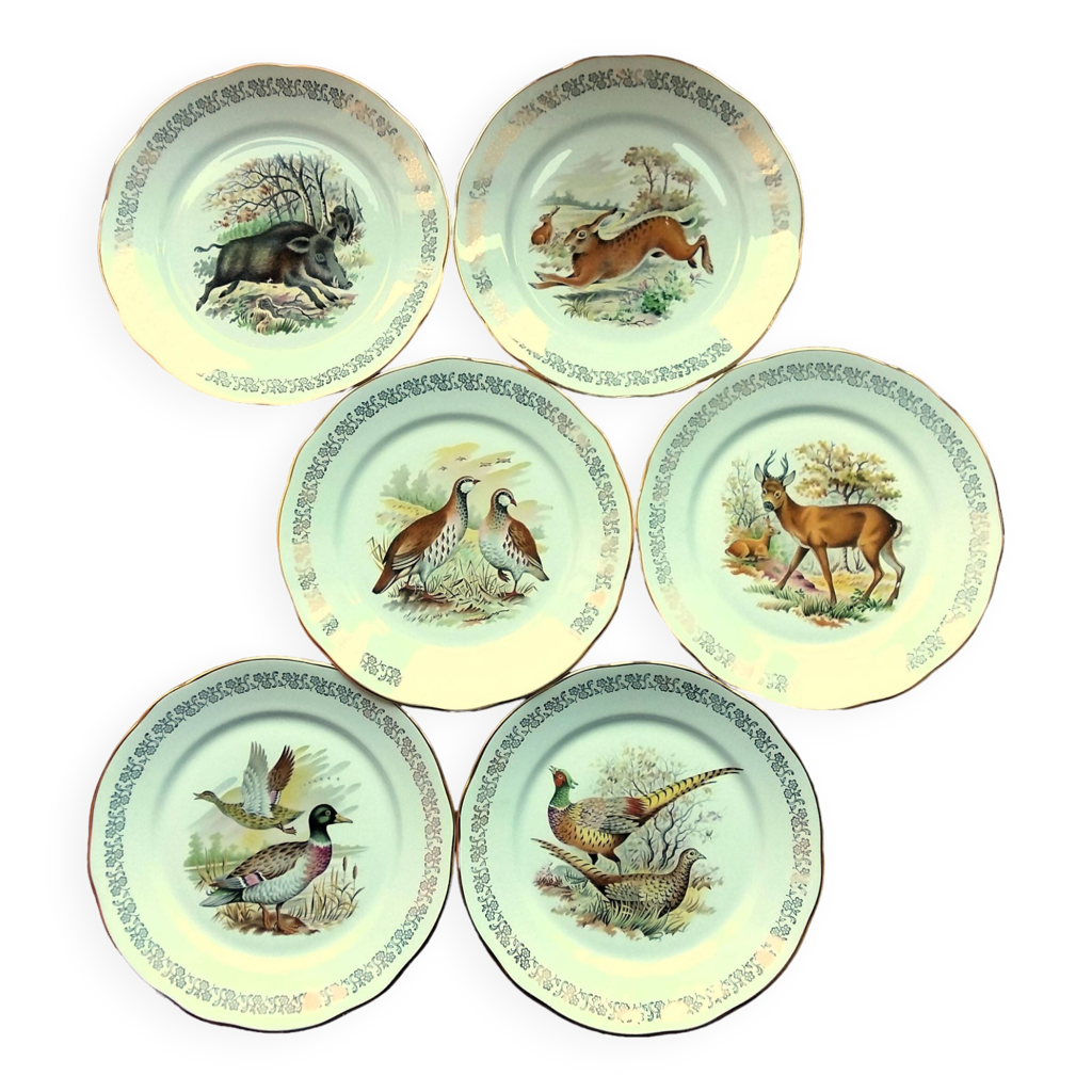 Six game dinner game hunting wild boar, hare, deer,  pheasant, partridge duck desig