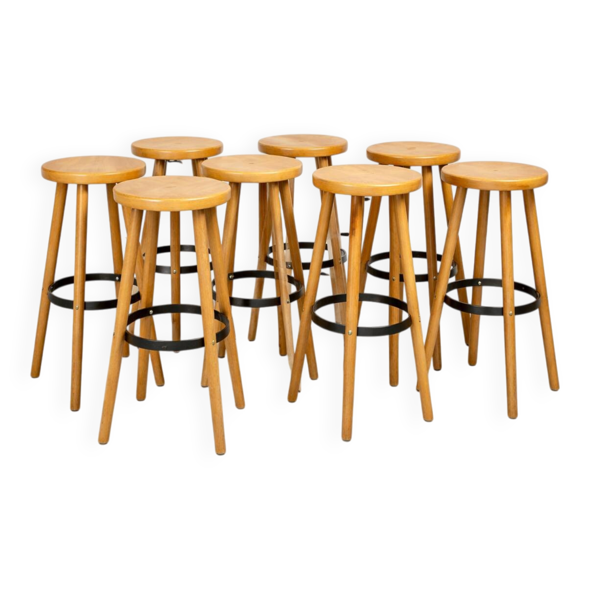 8 mid-century modern bar stools in beech and hammered iron
