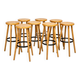 8 mid-century modern bar stools in beech and hammered iron