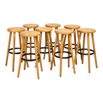 8 mid-century modern bar stools in beech and hammered iron