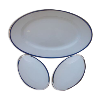 2 raviers et 1 plat ancienne porcelaine de Limoges filets bleu et or