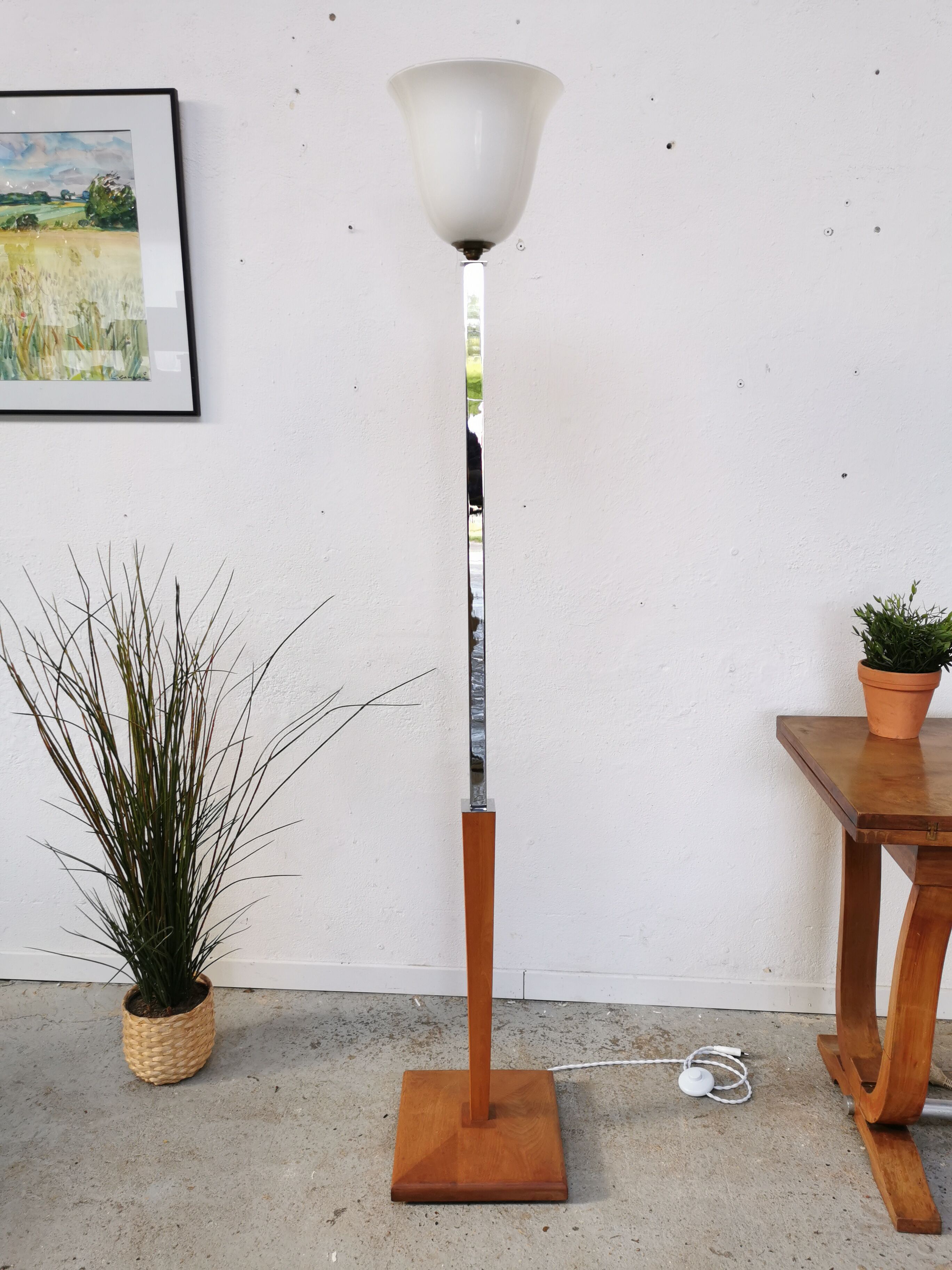 Art deco floor lamp Mazda chrome opaline wood