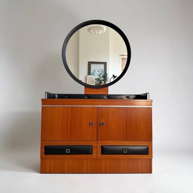 Vintage Mid-Century teak dressing table with large round mirror.
