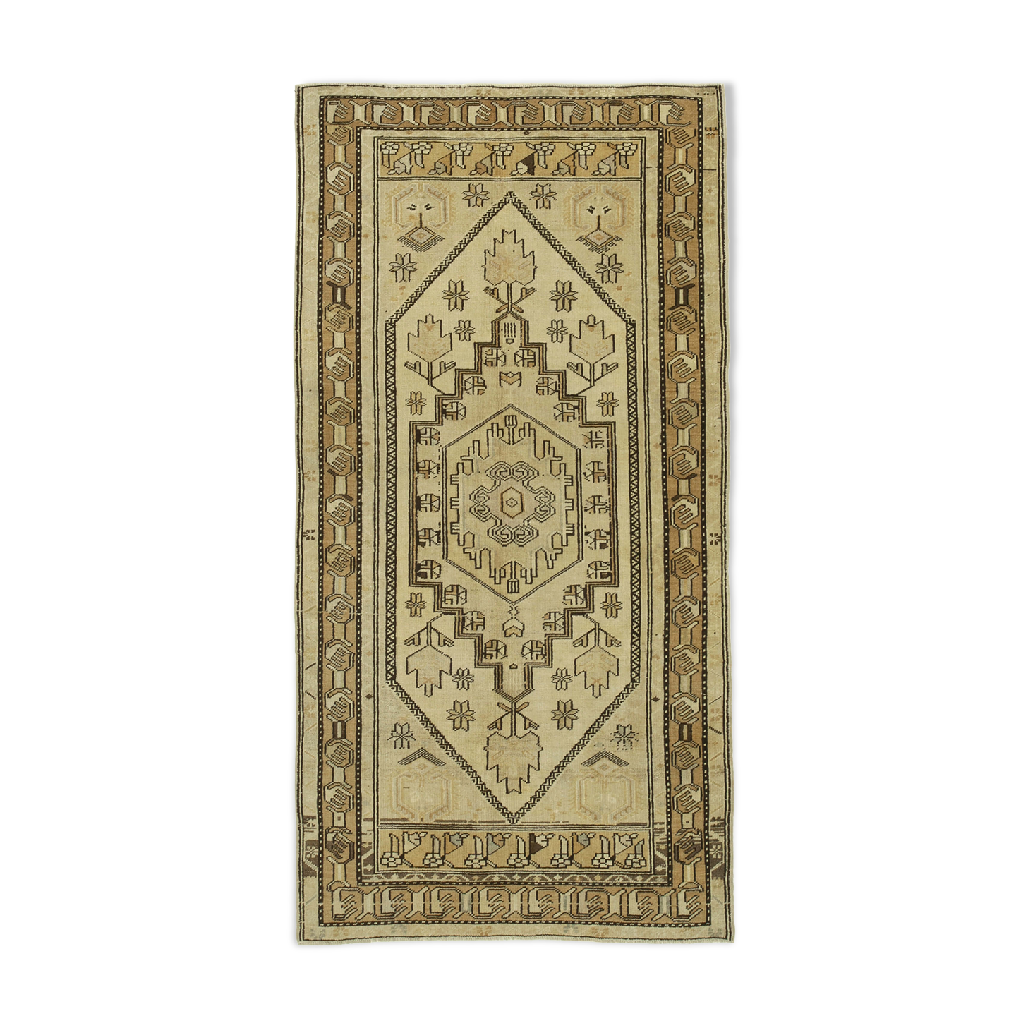 1960s Handmade Rustic Oriental Beige Carpet 115 cm x 222 cm