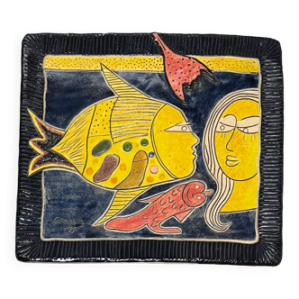 Guillaume Corneille (1922-2010) Large decorative wall ceramic from Treigny signed: Fish, 199