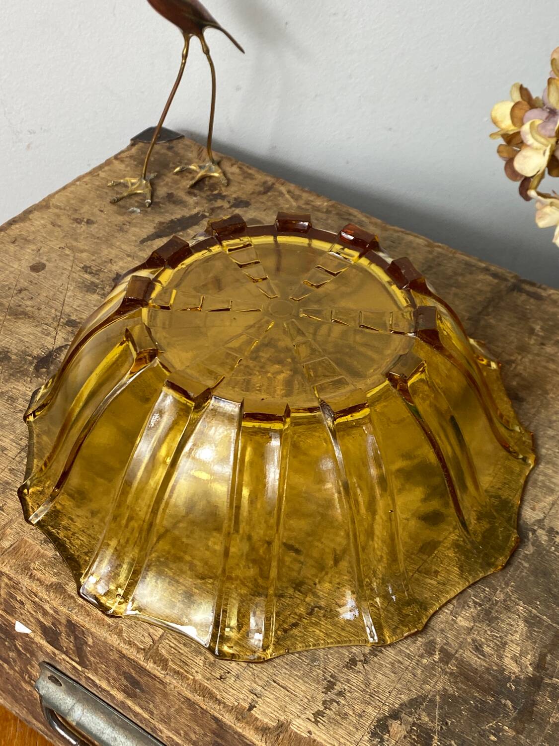 Art Deco style salad bowl in amber molded glass