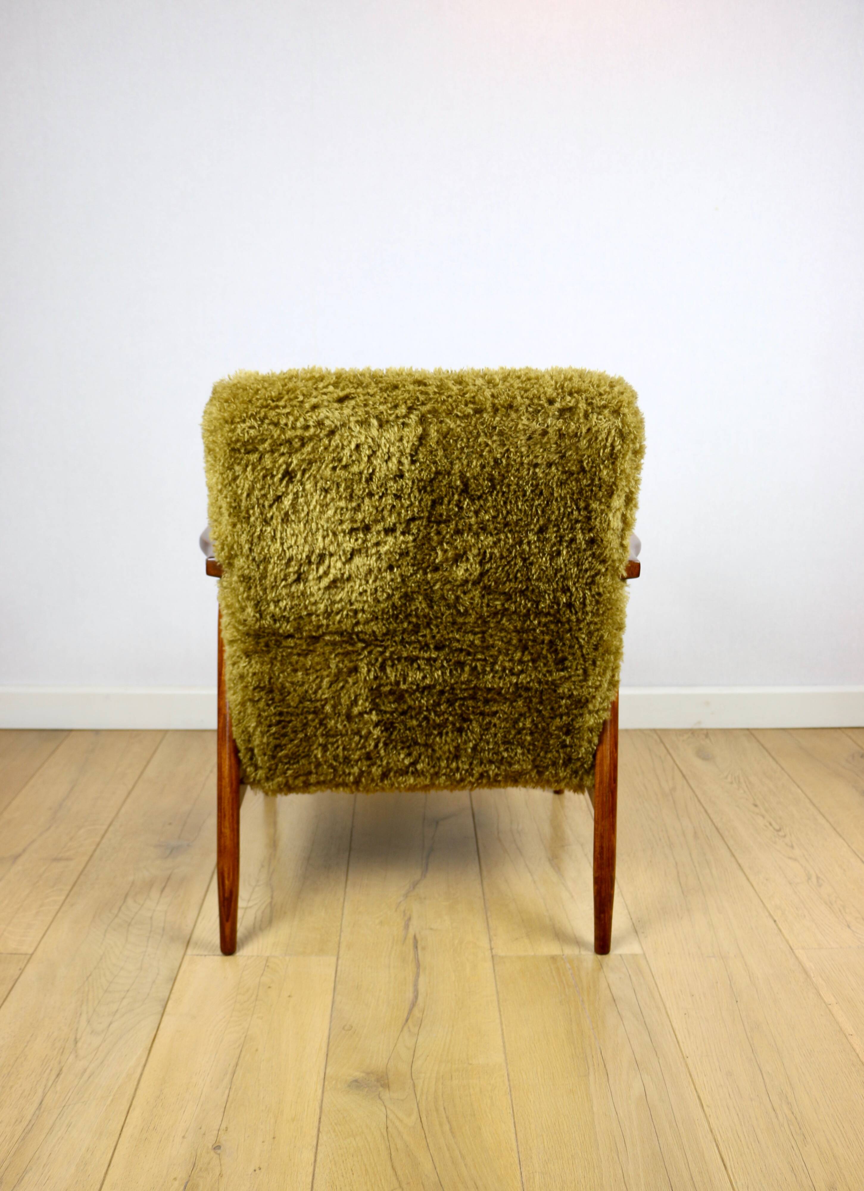 Vintage armchair, 1970s red fox - high pile khaki / olive - long pile