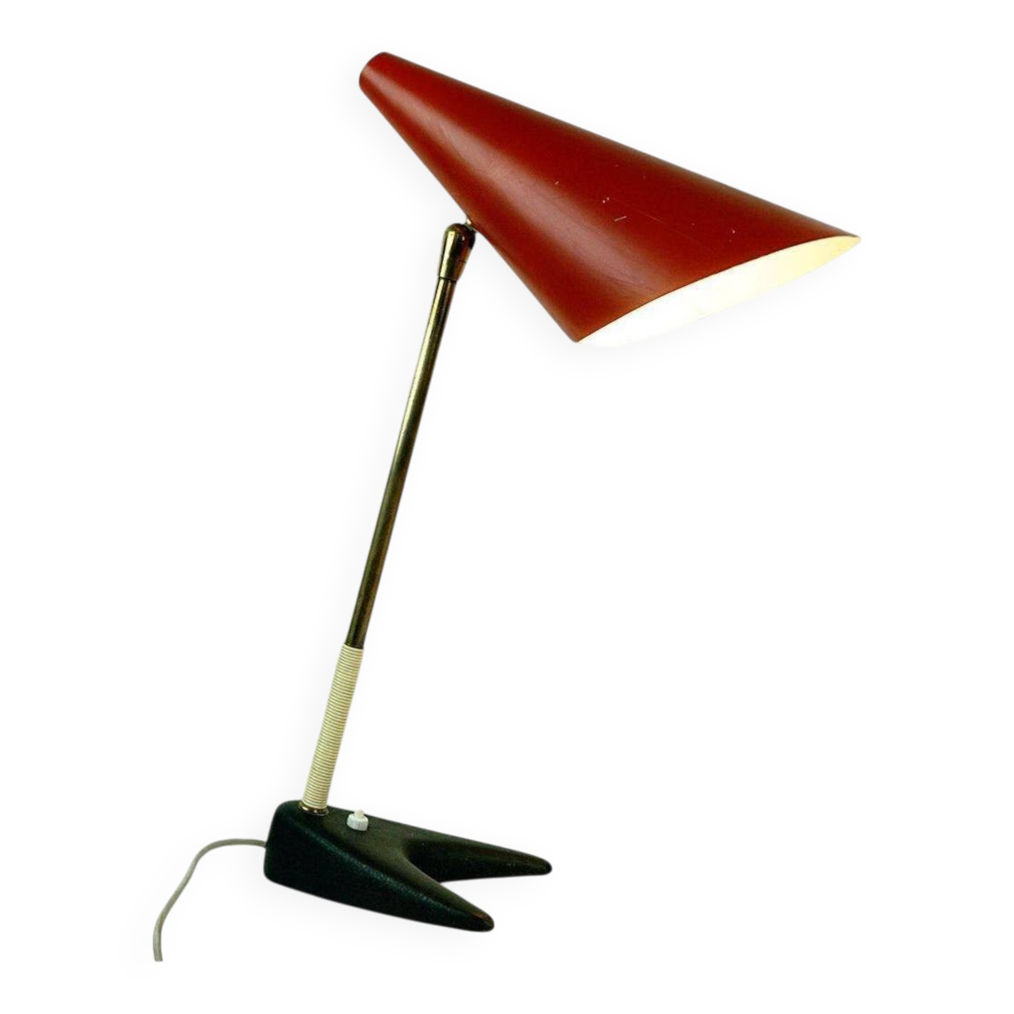 Red Austrian mid-century brass and iron table lamp by J.T. Kalmar