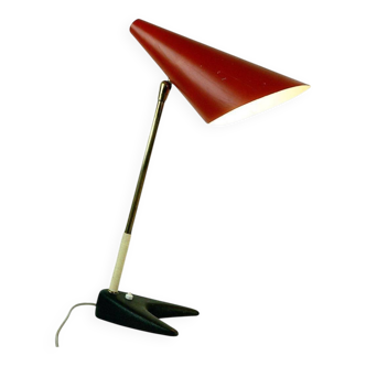 Red Austrian mid-century brass and iron table lamp by J.T. Kalmar